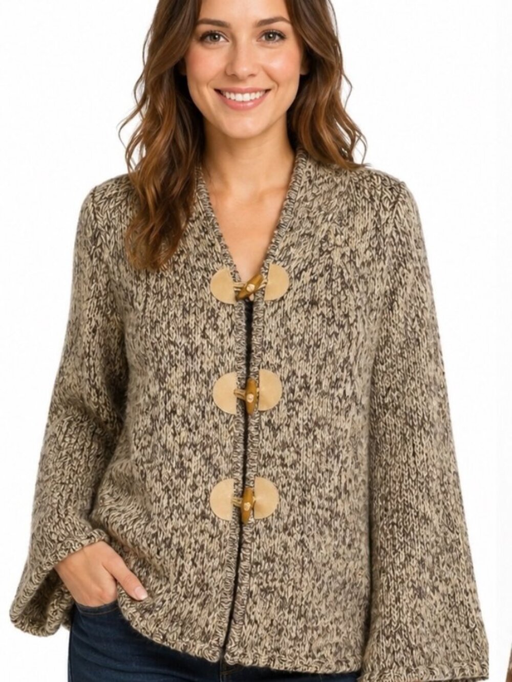 BCBGMAXAZRIA Women's Large Mohair Wool Blend Chunky Knit Toggle Cardigan Sweater